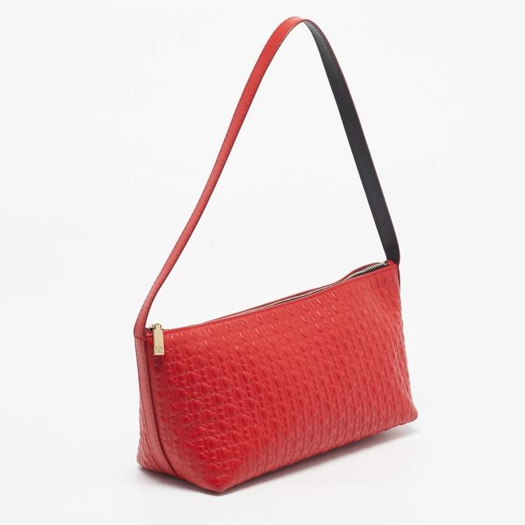 Pre Owned CH Carolina Herrera Red Monogram Embossed Leather Pochette Bag