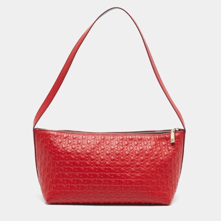 Pre Owned CH Carolina Herrera Red Monogram Embossed Leather Pochette Bag