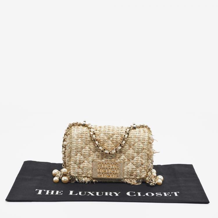 مملوكة مسبقًا CH Carolina Herrera Beige/Metallic Tweed Faux Pearl Embellished Crossbody Bag