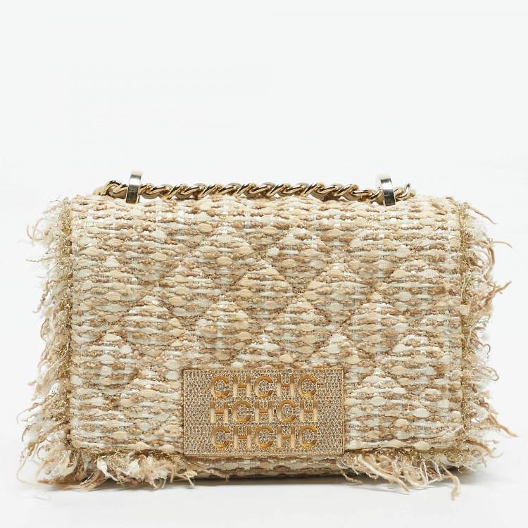 مملوكة مسبقًا CH Carolina Herrera Beige/Metallic Tweed Faux Pearl Embellished Crossbody Bag