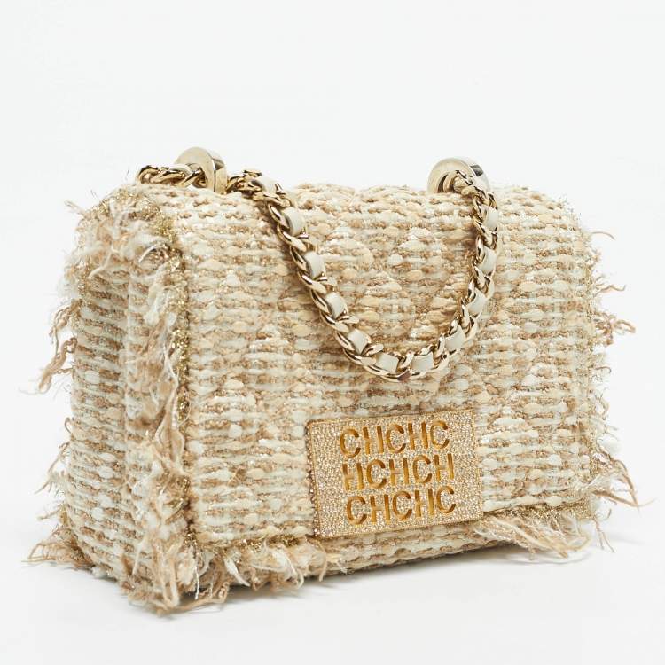 مملوكة مسبقًا CH Carolina Herrera Beige/Metallic Tweed Faux Pearl Embellished Crossbody Bag