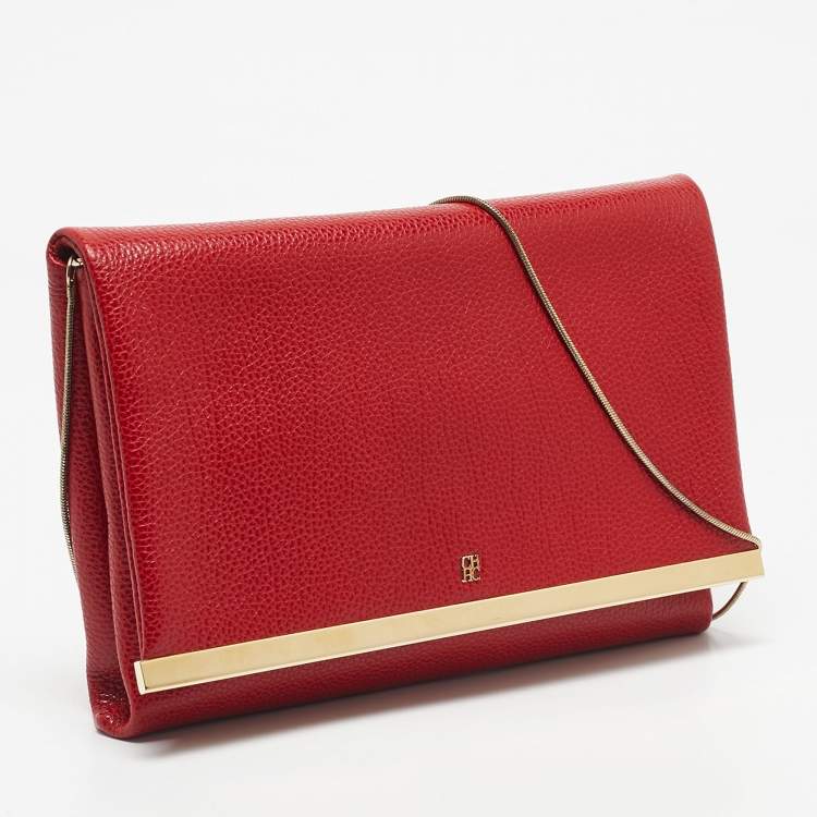 Pre Owned CH Carolina Herrera Red Leather Chain Flap Clutch