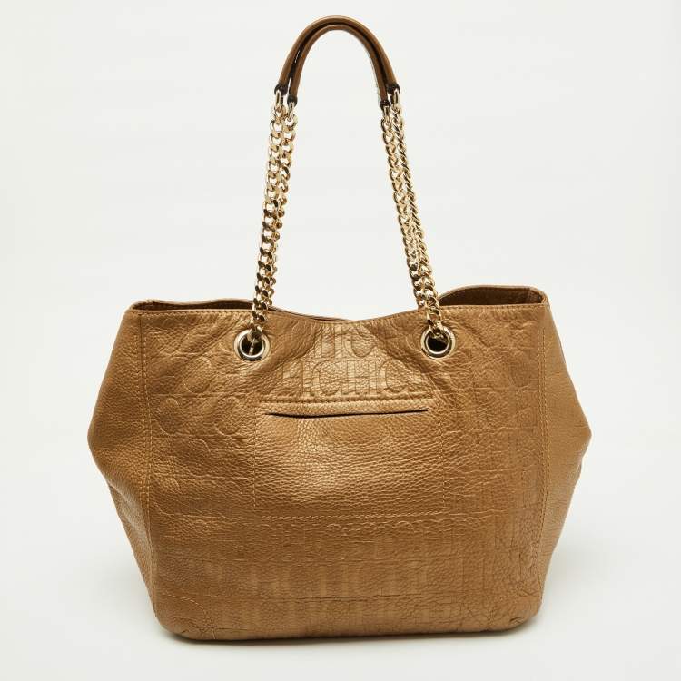 Pre Owned CH Carolina Herrera Metallic Gold Monogram Leather Audrey Tote