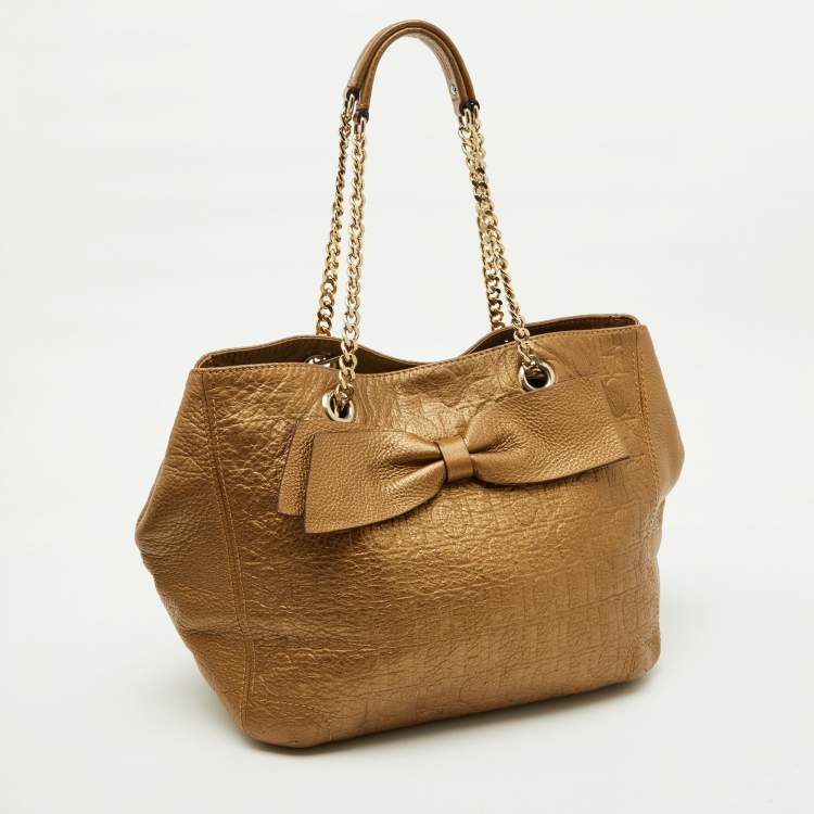 Pre Owned CH Carolina Herrera Metallic Gold Monogram Leather Audrey Tote