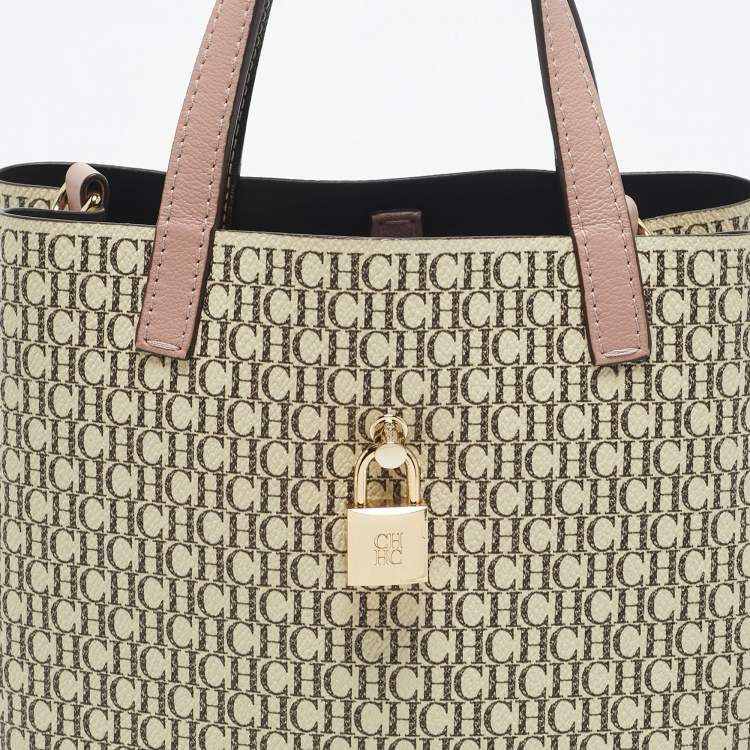 Pre Owned CH Carolina Herrera Pink/Beige Monogram Coated Canvas Small Matryoshka Locked Tote