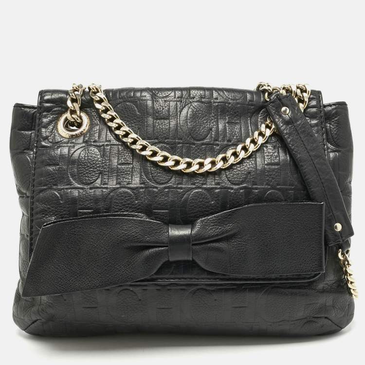 Pre Owned CH Carolina Herrera Black Monogram Embossed Leather Audrey Shoulder Bag