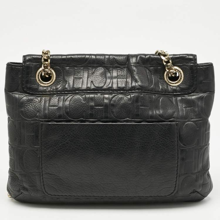 Pre Owned CH Carolina Herrera Black Monogram Embossed Leather Audrey Shoulder Bag