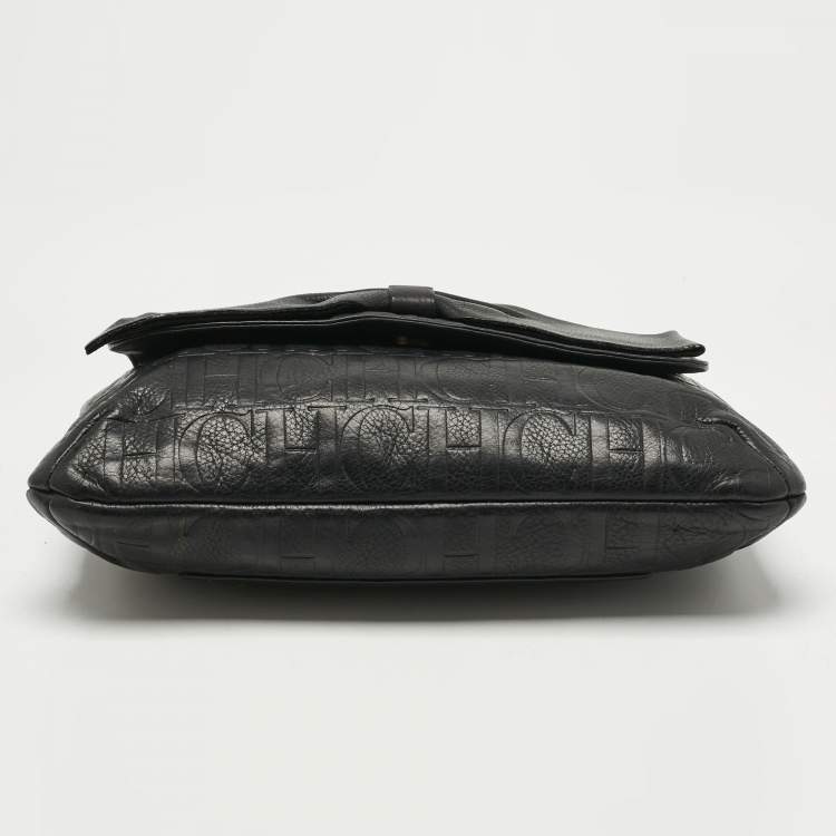 Pre Owned CH Carolina Herrera Black Monogram Embossed Leather Audrey Shoulder Bag