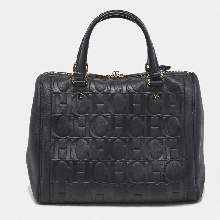 Pre Owned CH Carolina Herrera Black Monogram Embossed Leather Andy 7 Locked Boston Bag