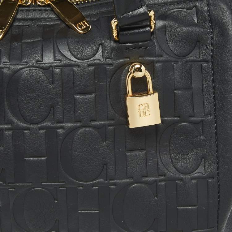 Pre Owned CH Carolina Herrera Black Monogram Embossed Leather Andy 7 Locked Boston Bag