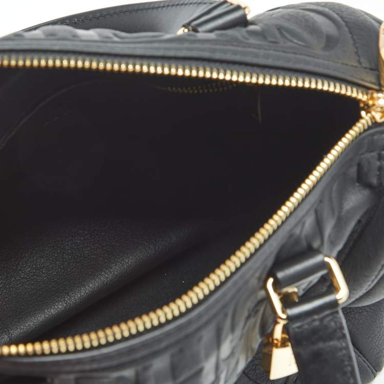 Pre Owned CH Carolina Herrera Black Monogram Embossed Leather Andy 7 Locked Boston Bag