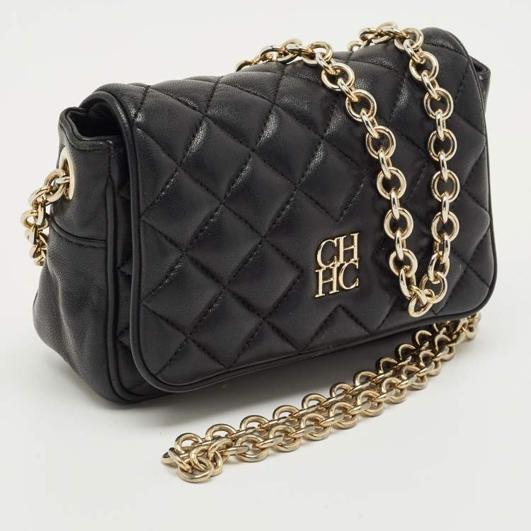 Pre Owned CH Carolina Herrera Black Quilted Leather Chain Crossbody Bag