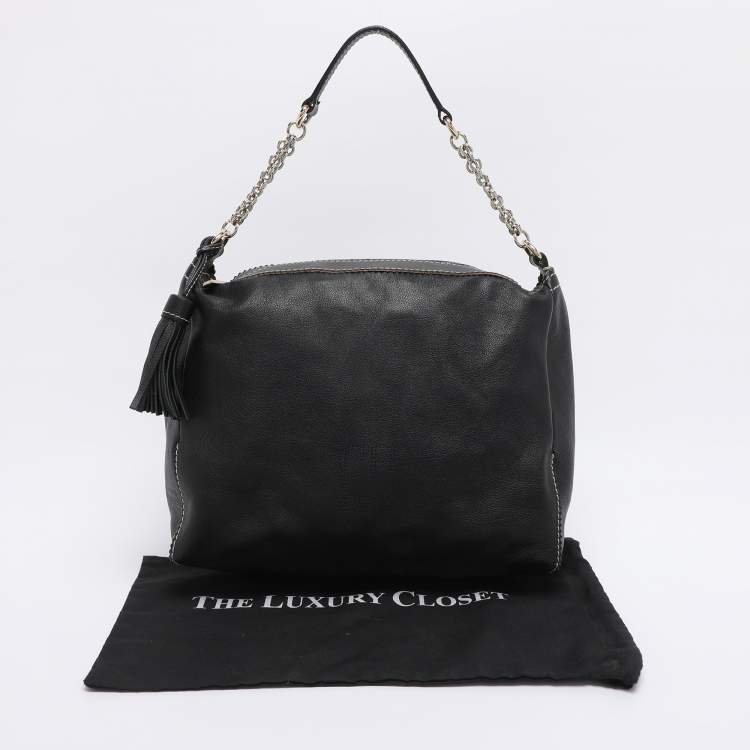 Pre Owned CH Carolina Herrera Black Leather Tassel Shoulder Bag