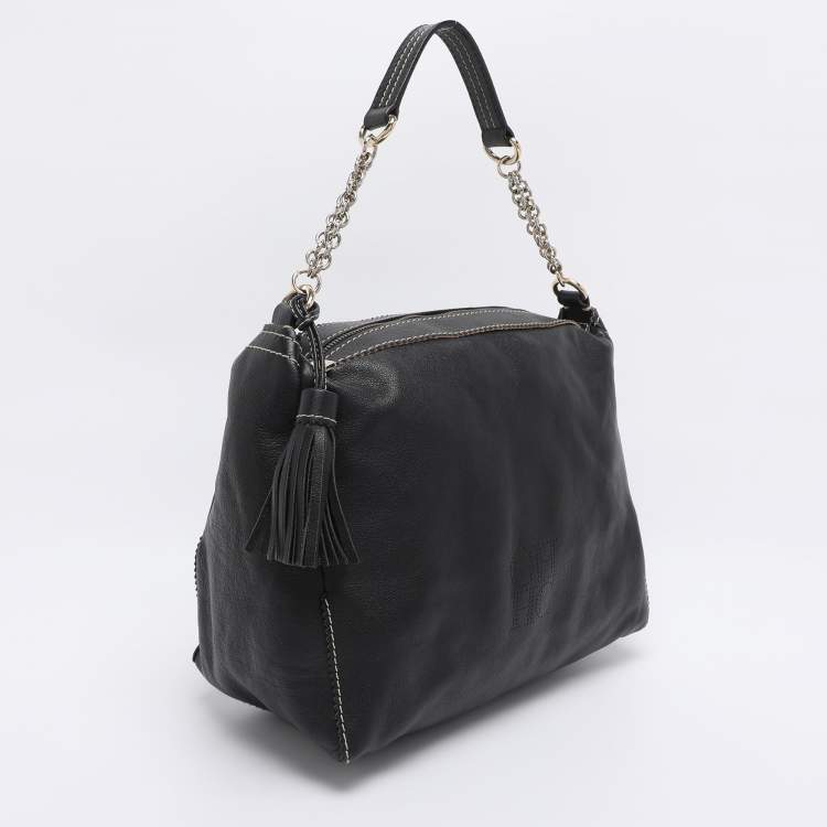 Pre Owned CH Carolina Herrera Black Leather Tassel Shoulder Bag