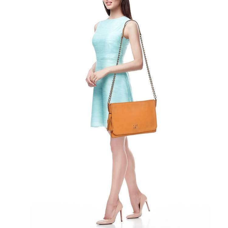 Pre Owned CH Carolina Herrera Mustard Leather Tassel Flap Chain Shoulder Bag
