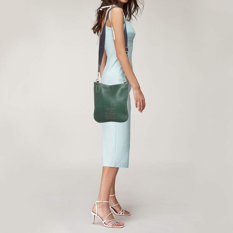 Pre Owned CH Carolina Herrera Green Leather Flat Crossbody Bag