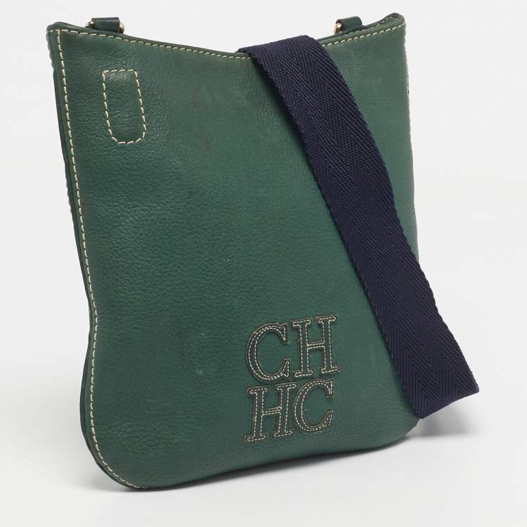 Pre Owned CH Carolina Herrera Green Leather Flat Crossbody Bag