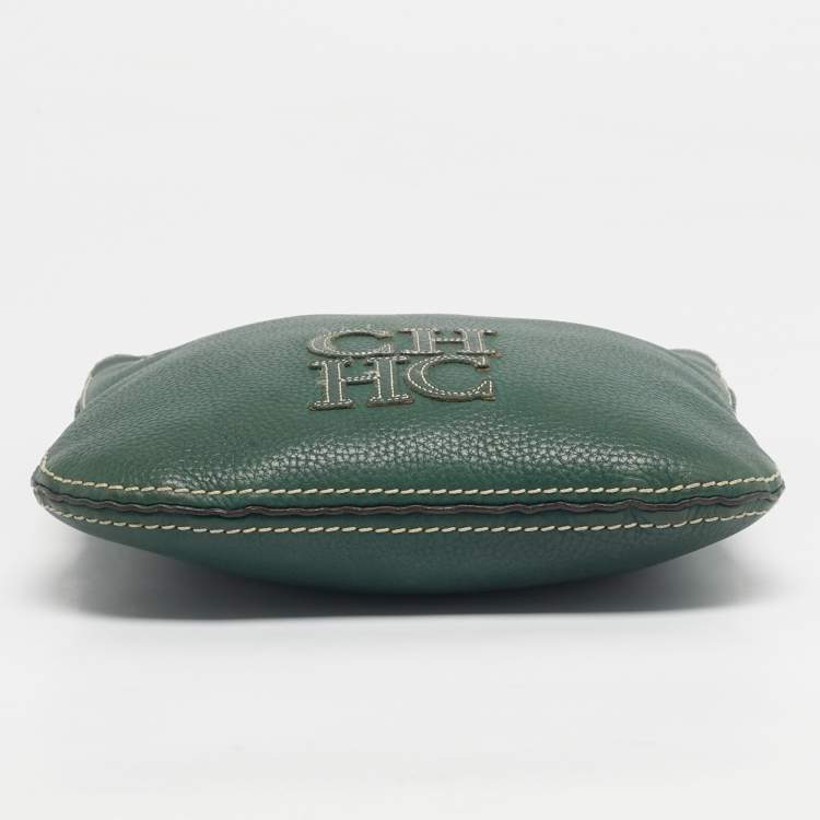 Pre Owned CH Carolina Herrera Green Leather Flat Crossbody Bag