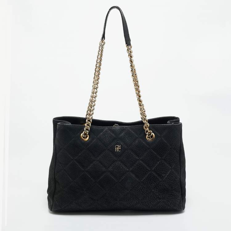 Pre Owned CH Carolina Herrera Black Quilted Nubuck Chain Tote