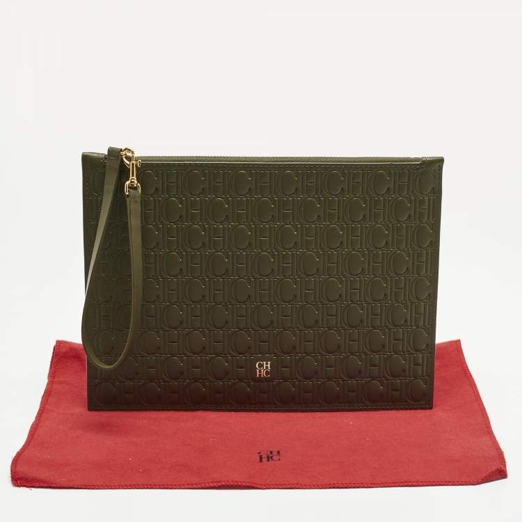Pre Owned CH Carolina Herrera Khaki Monogram Leather Editors Continental Pouch