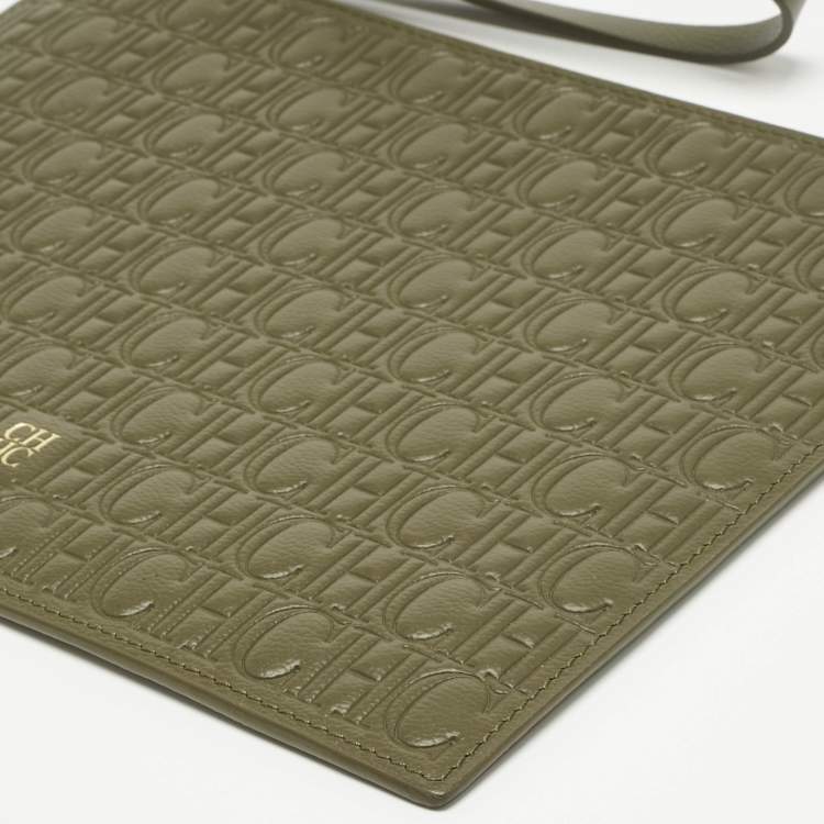 Pre Owned CH Carolina Herrera Khaki Monogram Leather Editors Continental Pouch