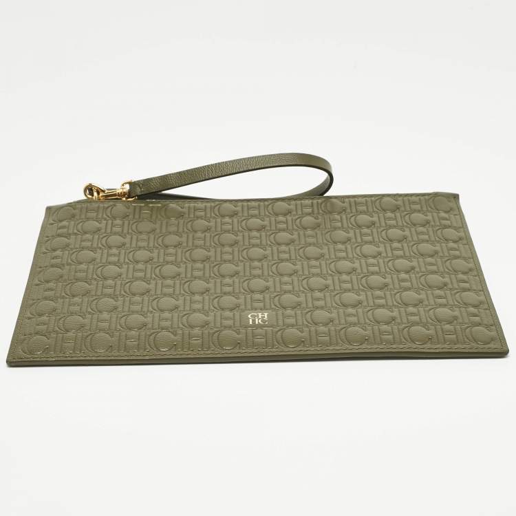 Pre Owned CH Carolina Herrera Khaki Monogram Leather Editors Continental Pouch