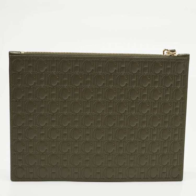 Pre Owned CH Carolina Herrera Khaki Monogram Leather Editors Continental Pouch