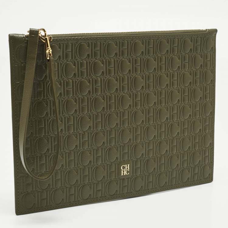 Pre Owned CH Carolina Herrera Khaki Monogram Leather Editors Continental Pouch