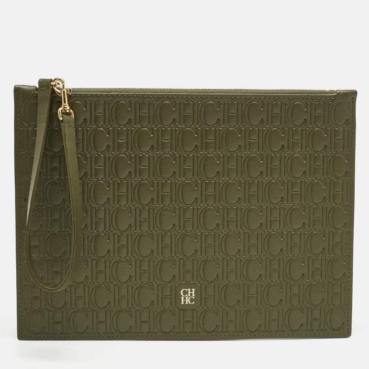 Pre Owned CH Carolina Herrera Khaki Monogram Leather Editors Continental Pouch