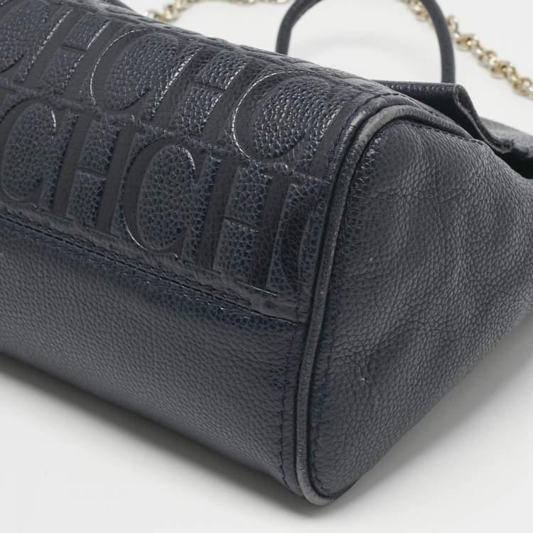Pre Owned CH Carolina Herrera Navy Blue Leather Minuetto Flap Top Handle Bag