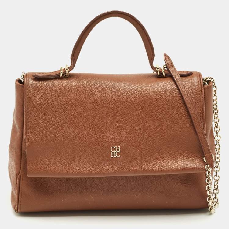 Pre Owned CH Carolina Herrera Brown Leather Minuetto Flap Top Handle Bag