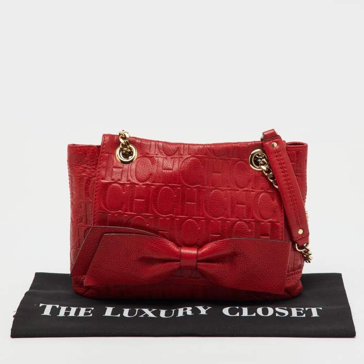 Pre Owned CH Carolina Herrera Red Monogram Embossed Leather Audrey Shoulder Bag
