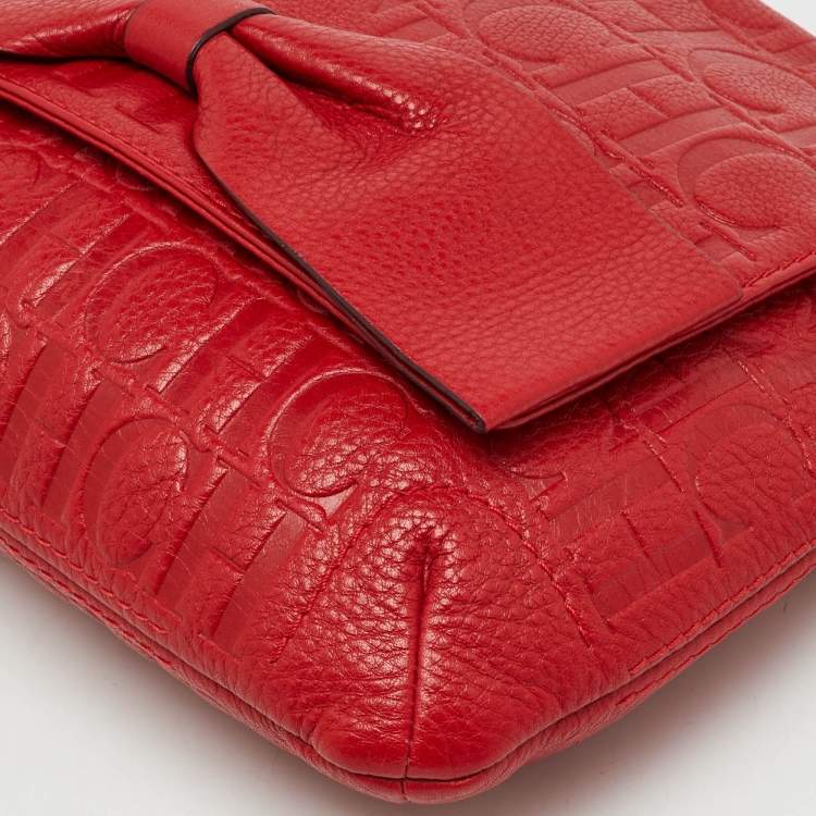 Pre Owned CH Carolina Herrera Red Monogram Embossed Leather Audrey Shoulder Bag