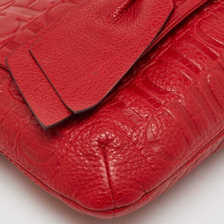 Pre Owned CH Carolina Herrera Red Monogram Embossed Leather Audrey Shoulder Bag