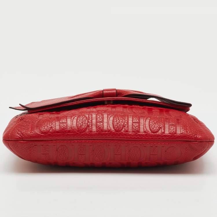 Pre Owned CH Carolina Herrera Red Monogram Embossed Leather Audrey Shoulder Bag