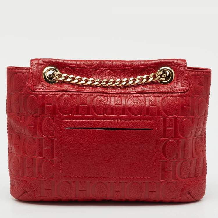 Pre Owned CH Carolina Herrera Red Monogram Embossed Leather Audrey Shoulder Bag