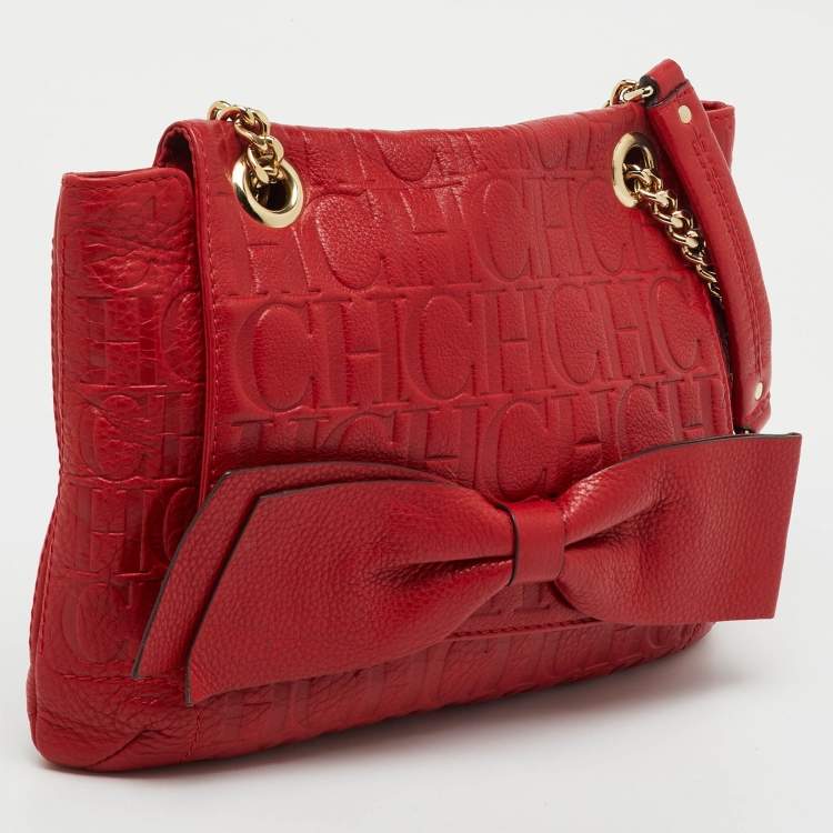 Pre Owned CH Carolina Herrera Red Monogram Embossed Leather Audrey Shoulder Bag