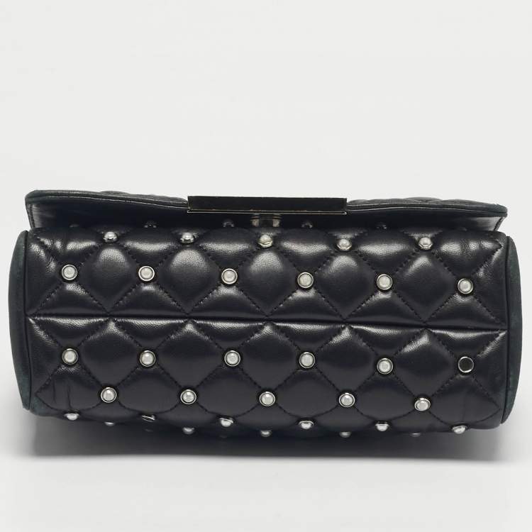 Pre Owned CH Carolina Herrera Black Quilted Leather Pearl Studded Flap Chain Shoulder Bag