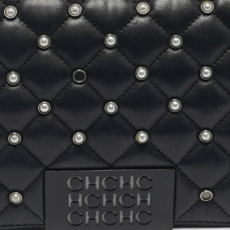Pre Owned CH Carolina Herrera Black Quilted Leather Pearl Studded Flap Chain Shoulder Bag