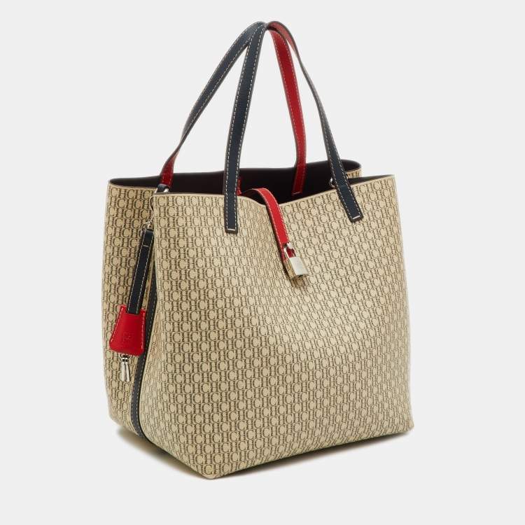 Pre Owned CH Carolina Herrera Beige/Red Monogram Coated Canvas and Leather Matryoshka Padlock Bag