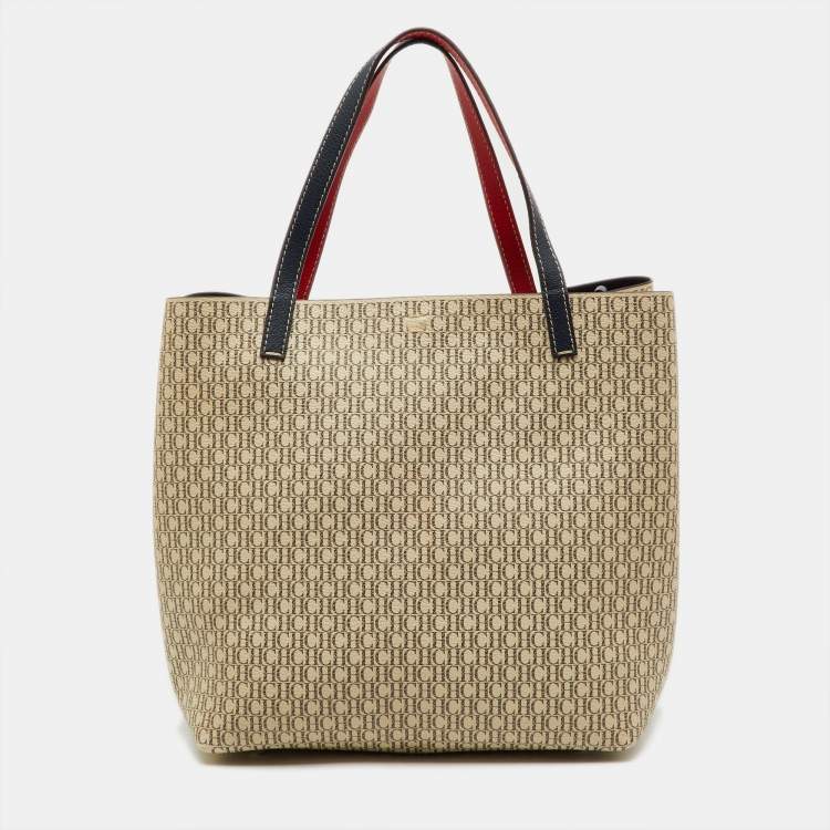 Pre Owned CH Carolina Herrera Beige/Red Monogram Coated Canvas and Leather Matryoshka Padlock Bag