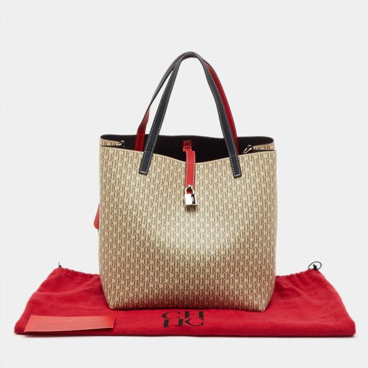 Pre Owned CH Carolina Herrera Beige/Red Monogram Coated Canvas and Leather Matryoshka Padlock Bag
