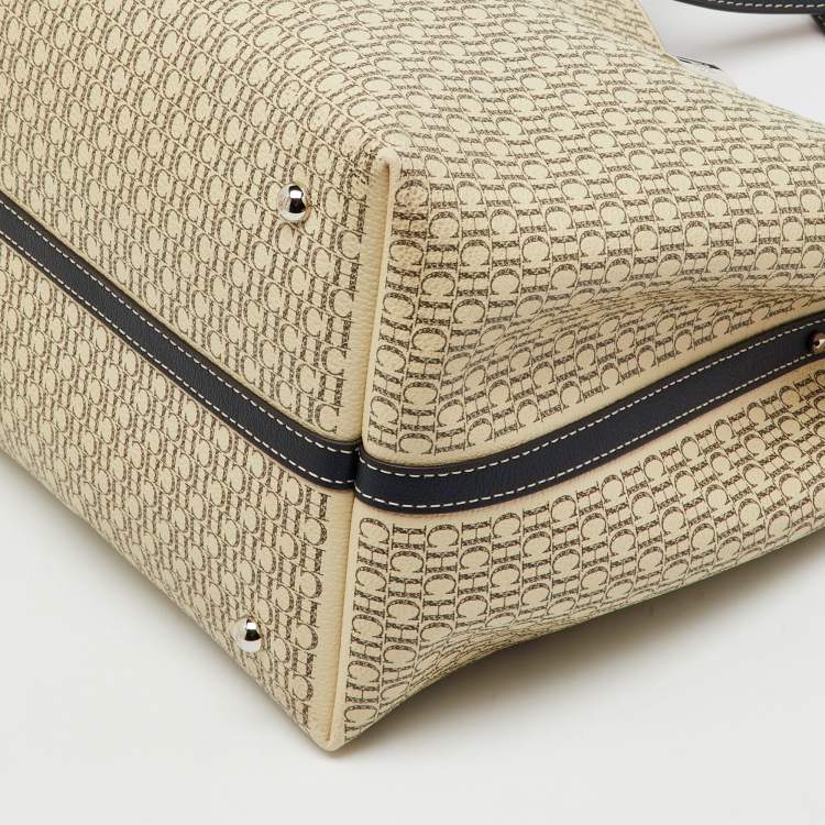 Pre Owned CH Carolina Herrera Beige/Red Monogram Coated Canvas and Leather Matryoshka Padlock Bag