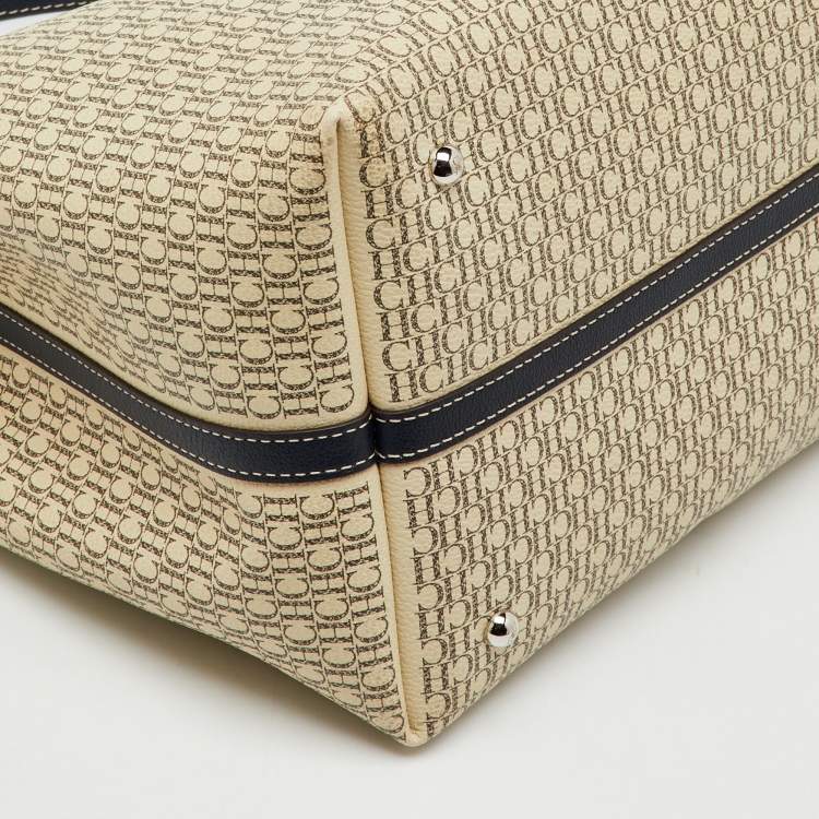 Pre Owned CH Carolina Herrera Beige/Red Monogram Coated Canvas and Leather Matryoshka Padlock Bag