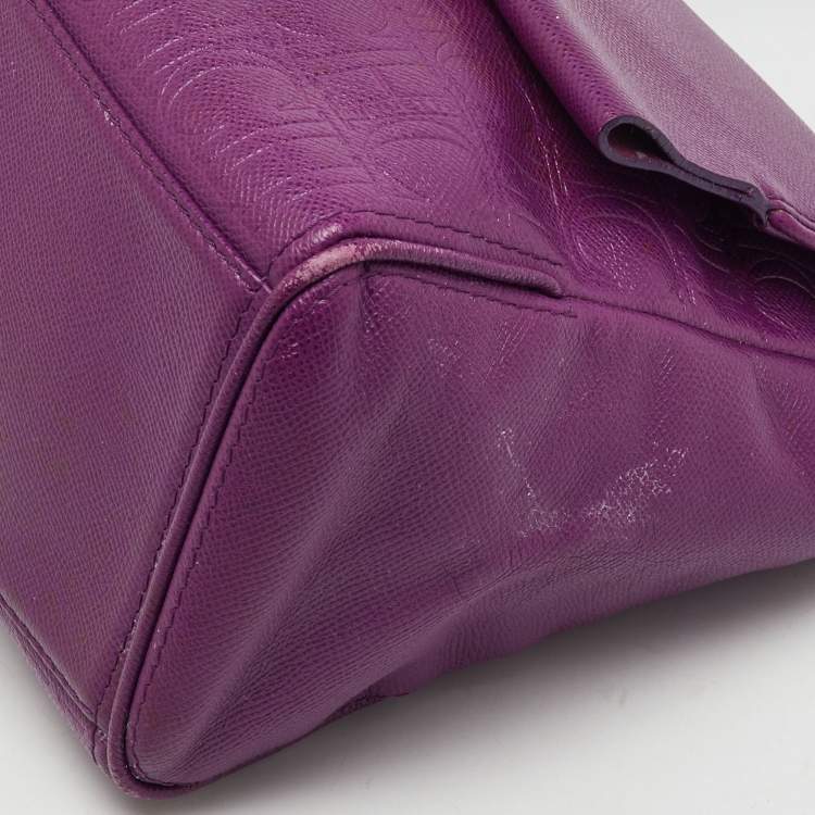 Pre Owned CH Carolina Herrera Purple Monogram Embossed Leather Minuetto Top Handle Bag