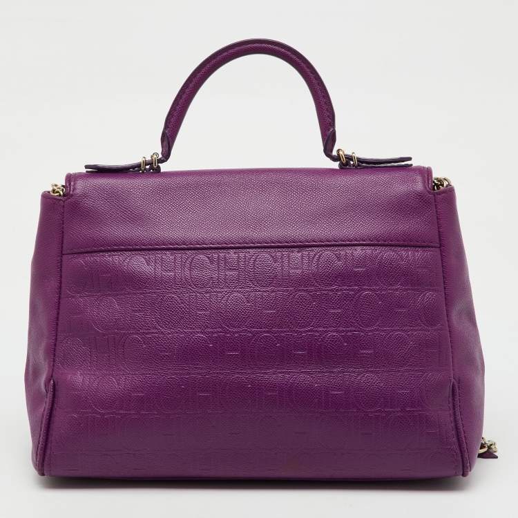 Pre Owned CH Carolina Herrera Purple Monogram Embossed Leather Minuetto Top Handle Bag