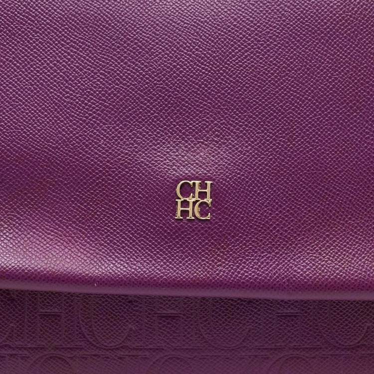 Pre Owned CH Carolina Herrera Purple Monogram Embossed Leather Minuetto Top Handle Bag
