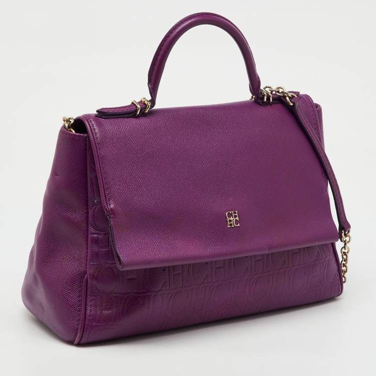 Pre Owned CH Carolina Herrera Purple Monogram Embossed Leather Minuetto Top Handle Bag
