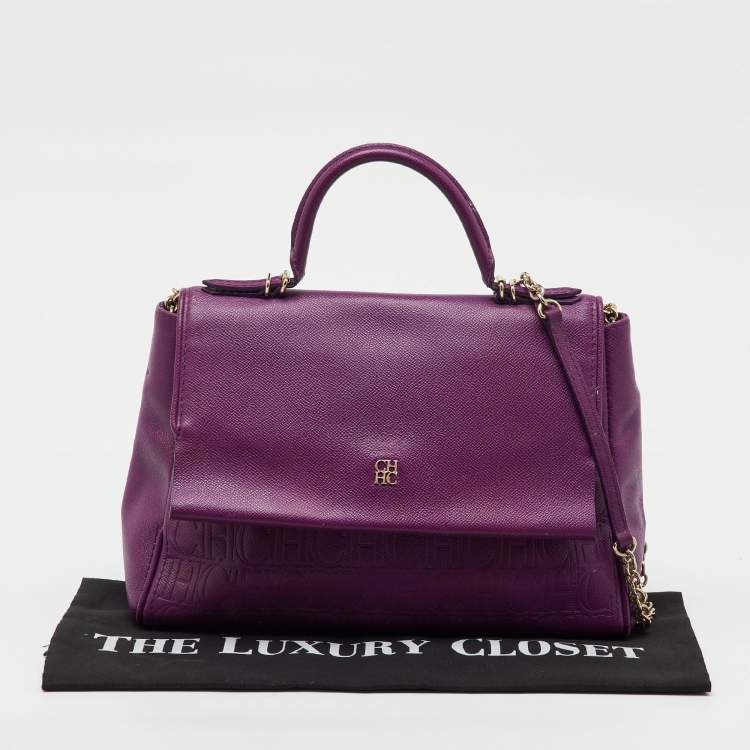 Pre Owned CH Carolina Herrera Purple Monogram Embossed Leather Minuetto Top Handle Bag