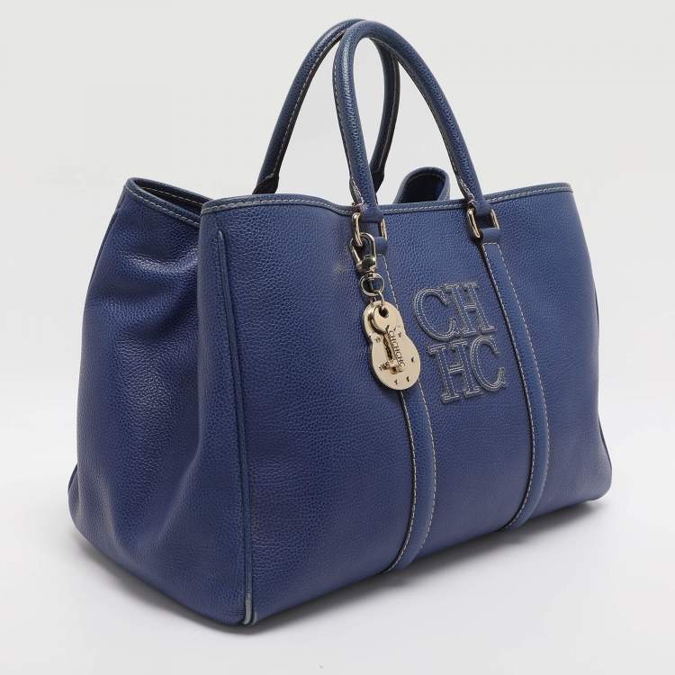 Pre Owned CH Carolina Herrera Blue Grained Leather Matteo Tote